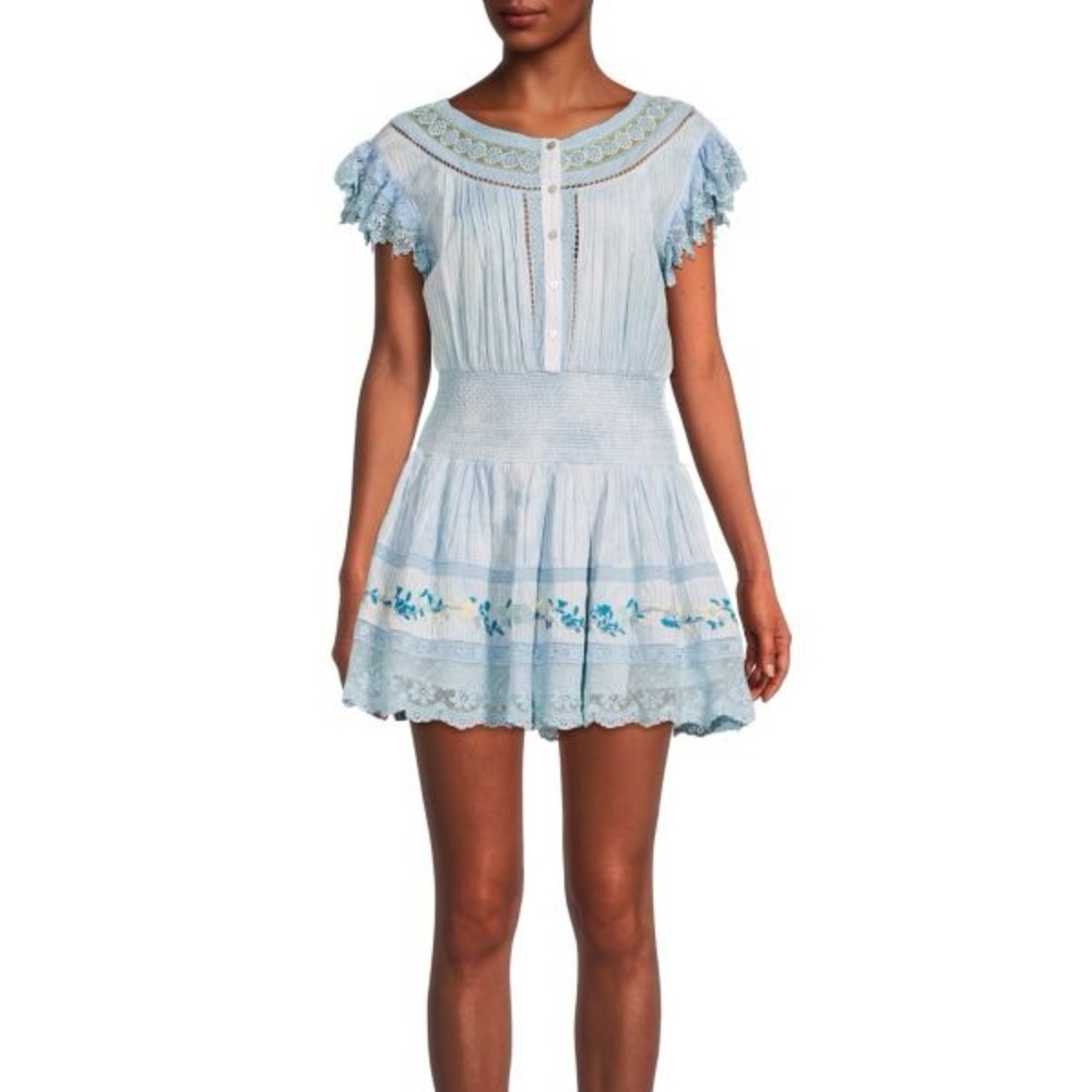 LoveShackFancy Blue Fontana Lace Insert Mini Dress